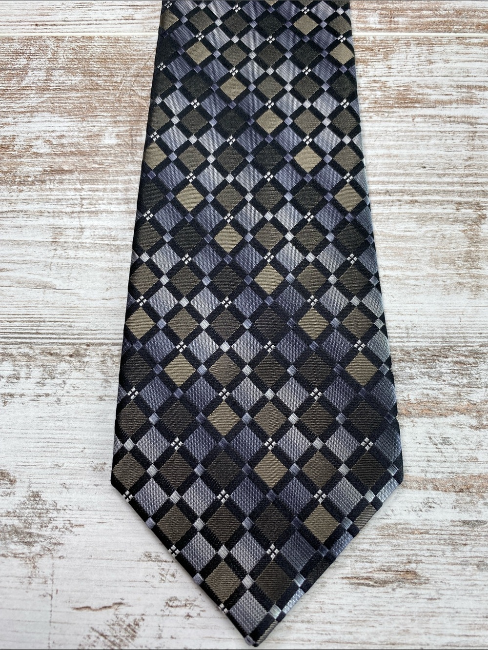 Statements 100% Silk Tie Gray Black Tan Plaid Check Necktie Mens 58”